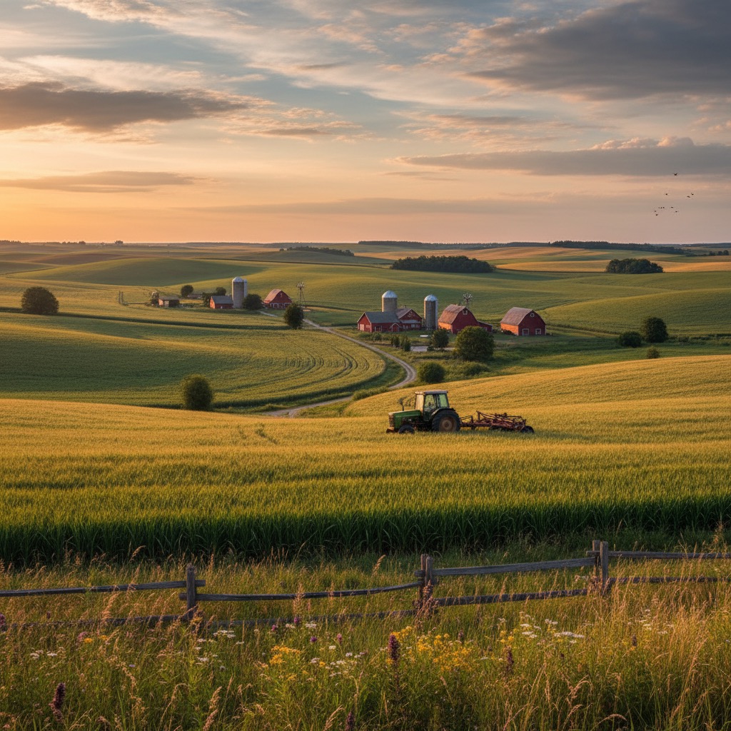 A tractor sits in a golden wheat field at sunset with red barns and silos in the distance.